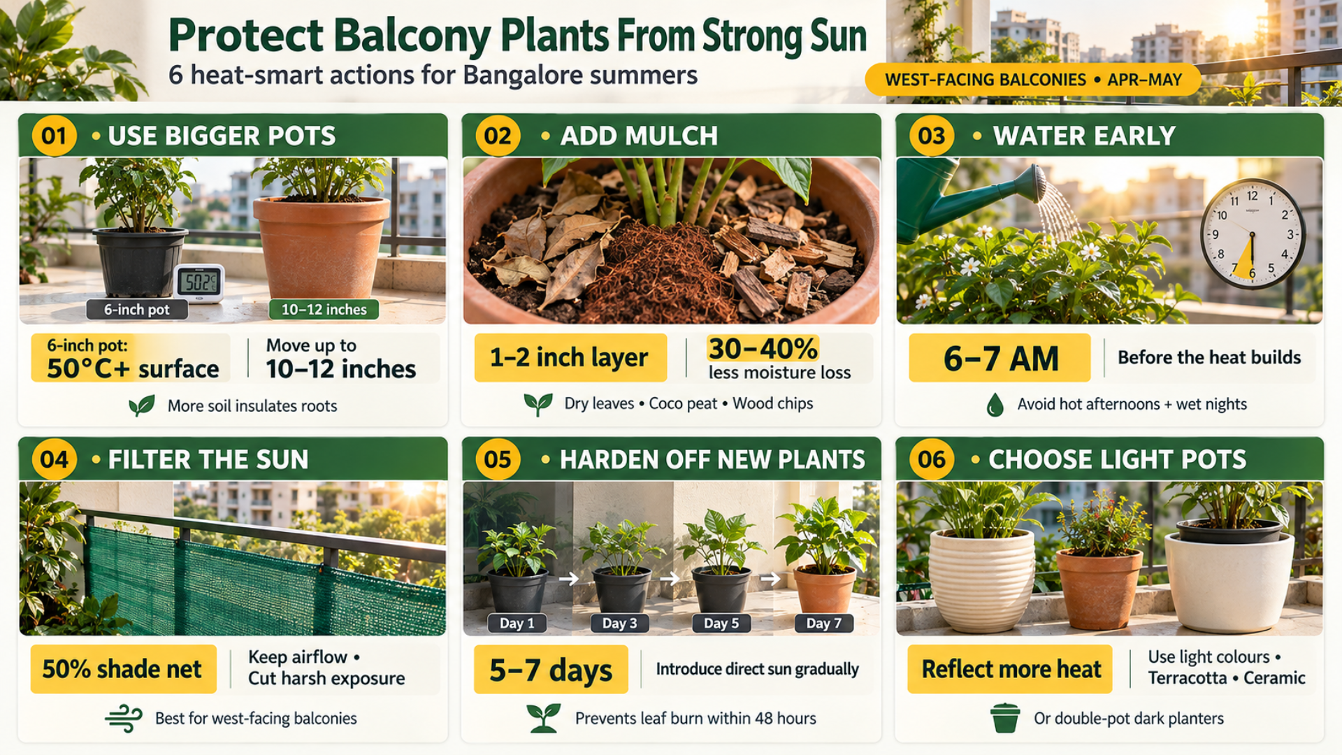 How to Protect Balcony Plants From Strong Sunlight Ways to protect balcony plants from strong sunlight using bigger pots, mulch, and shade protection